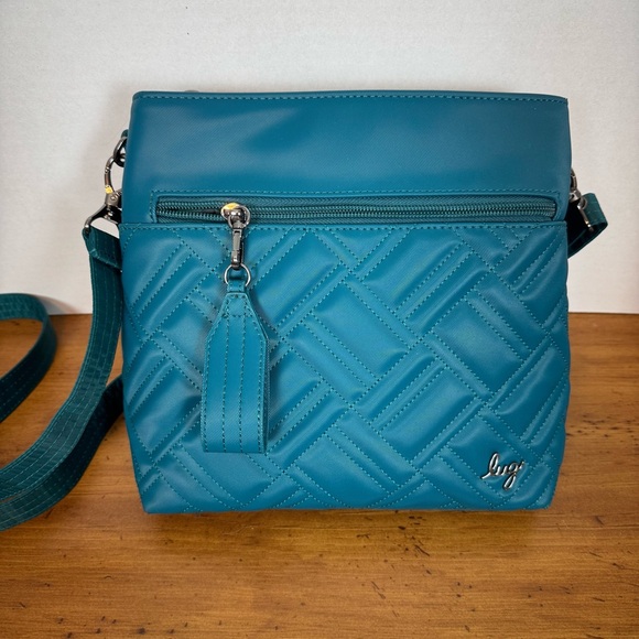 Lug Double Dip Quilted Teal/Blue Crossbody Bag Modern Design Satin Luxe - Picture 3 of 9